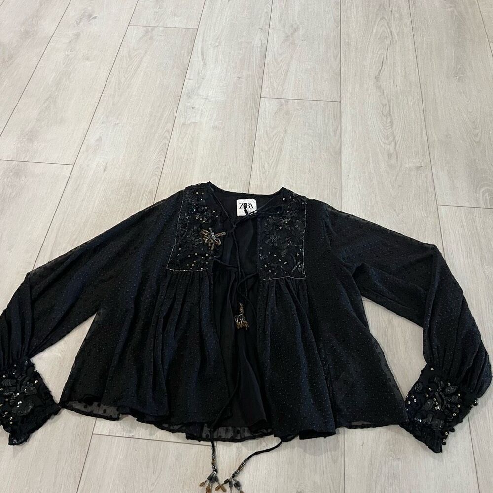 Zara Plumetis Sequined Tie Front Bolero Jacket Tassels Clip Dot - XS